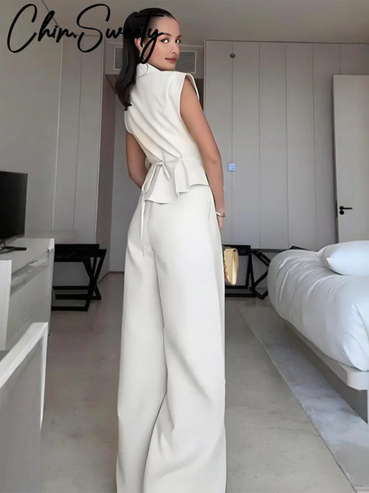 Casual Vest Trouser Suits Women Solid Sleeveless Lapel Single Button Slim Tops Wide Leg Pants 2026 Spring Office Lady Suit New