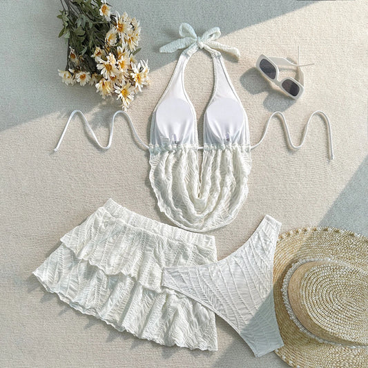 Women 3 Piece Tankini Bathing Suits Swimsuit Set Halter Neck Tops Thongs Ruffled Swim Skirt Backless Swimwear Party Biquini