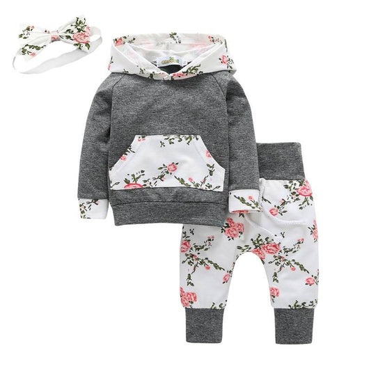 Ensemble sweat à capuche et pantalon fleuri pour bébé fille avec bandeau